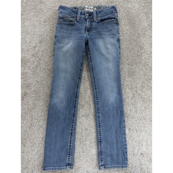 Ariat REAL Straight Leg Jeans Womens 27R Rainstorm Blue Stackable Faded Stretch - Picture 1 of 10
